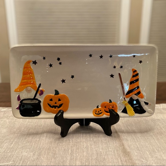Halloween Gnome Platter, Witch Gnomes Jack-O-Lanterns Cauldrens Ceramic Platter - Picture 1 of 13